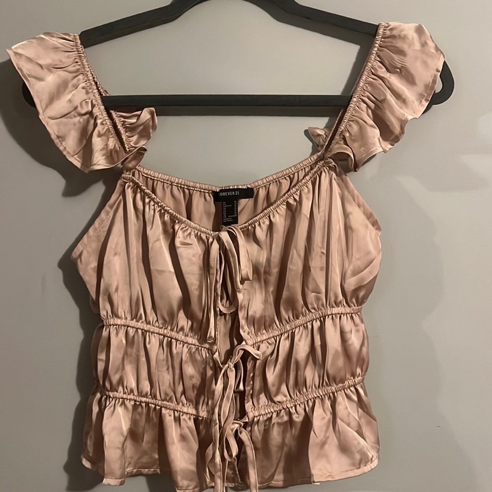 Rose gold silk ribbed cut sleeve top from Forever 21